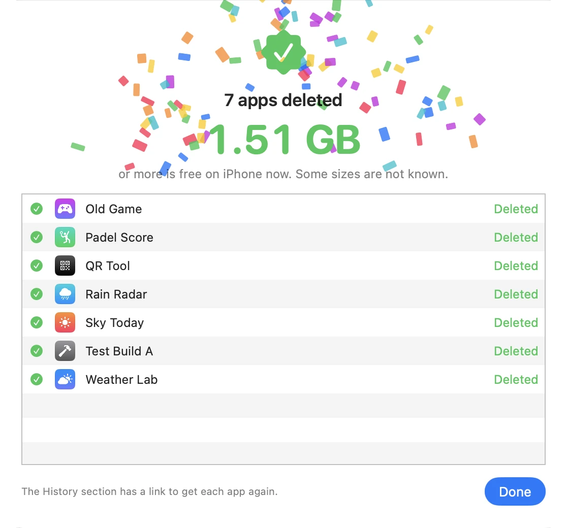 The result: 7 apps deleted, 3.18 GB free again, with confetti.