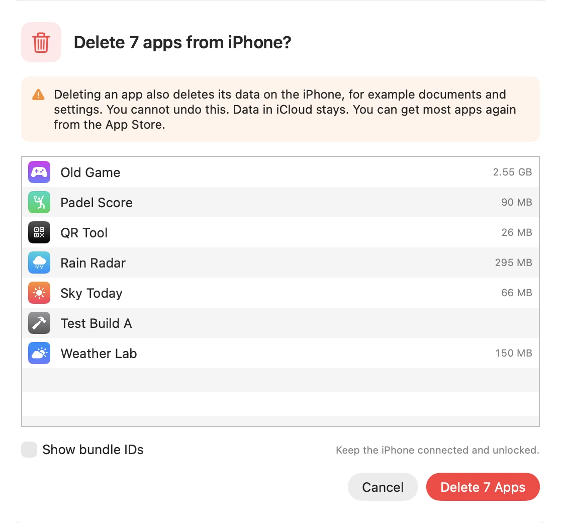 The confirmation sheet: Delete 7 apps from iPhone, with the list of the apps and their sizes.