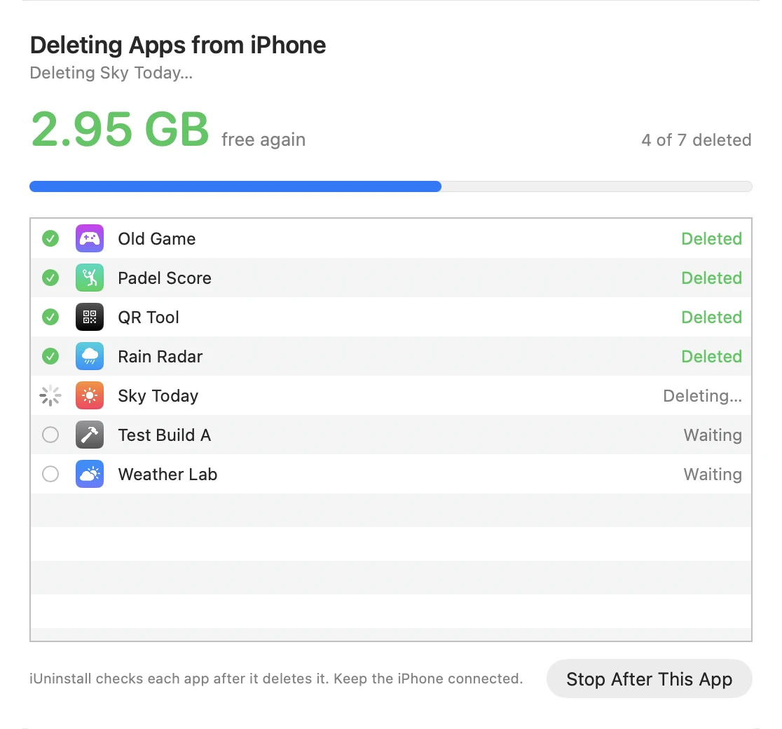 iUninstall deletes apps: 2.95 GB free again, 4 of 7 deleted.